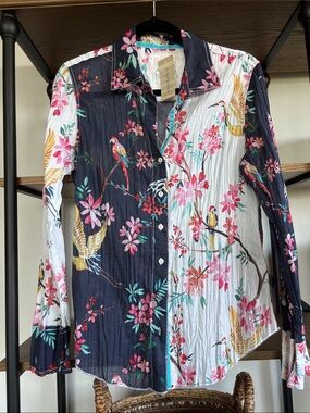 Sundance Floral Parrot Print Button-Up in Navy, White, Teal, Pink